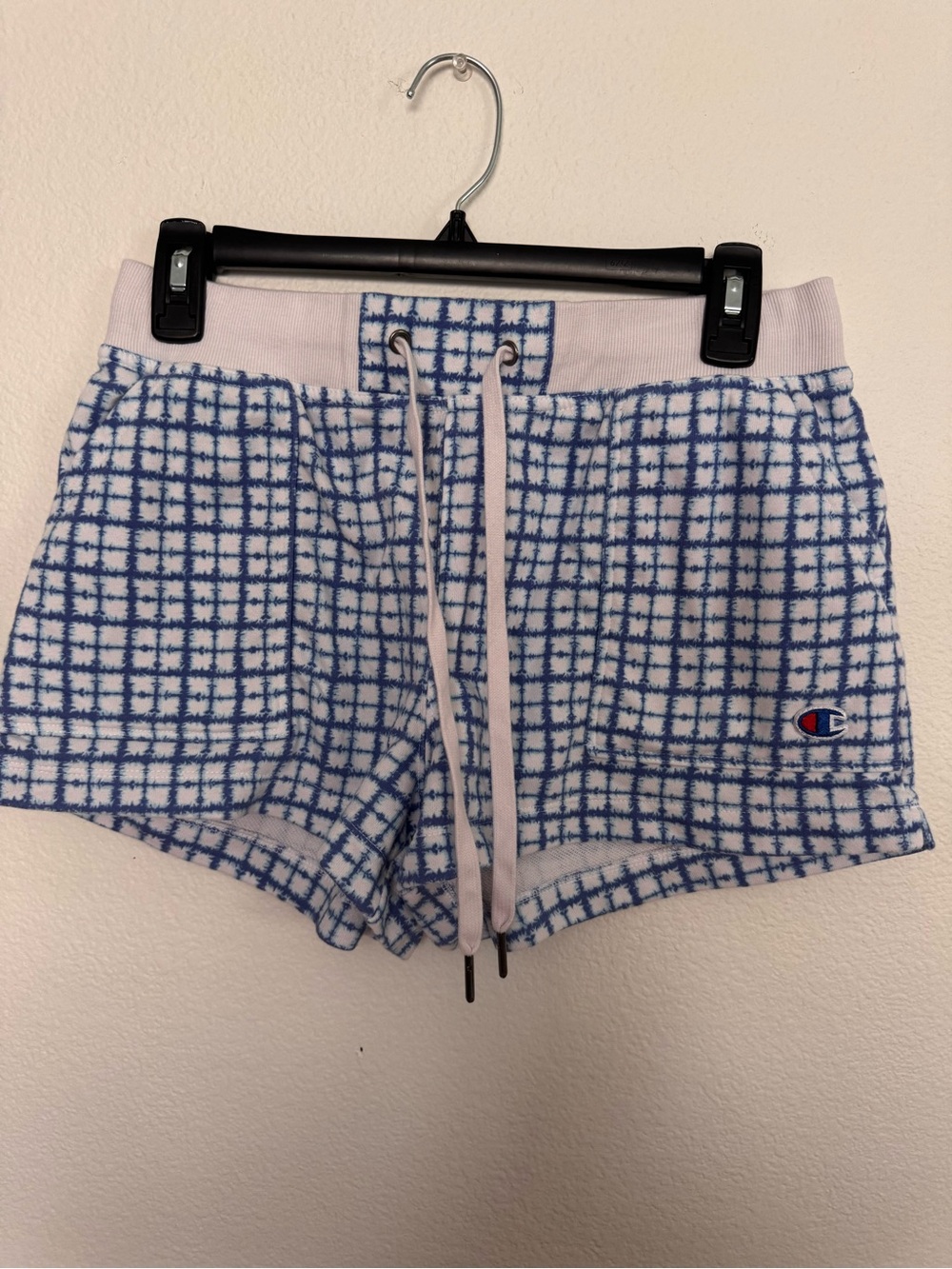 Champion White and Blue Grid Terry Drawstring Athletic Shorts
